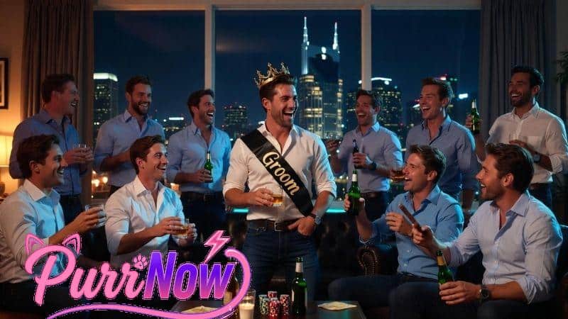 Nashville bachelor party group celebrating in a downtown penthouse with skyline views