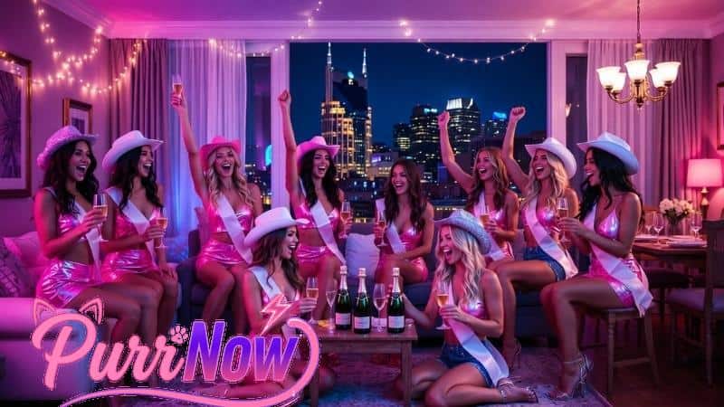 Nashville bachelorette party group celebrating with entertainment in a downtown Airbnb