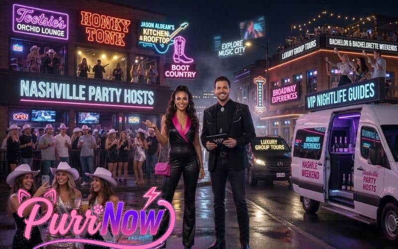 Female and male Nashville party hosts guiding nightlife tours downtown