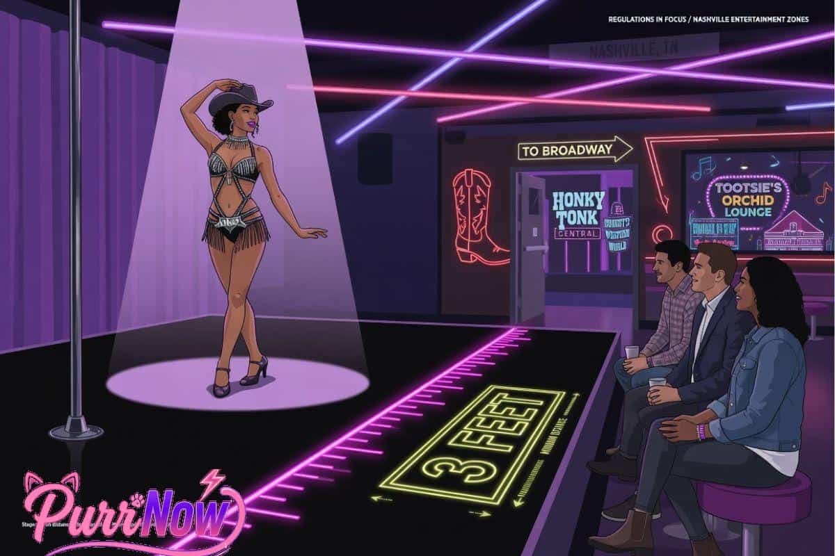 Nashville strip club illustration showing the 3-foot rule distance between dancers and patrons